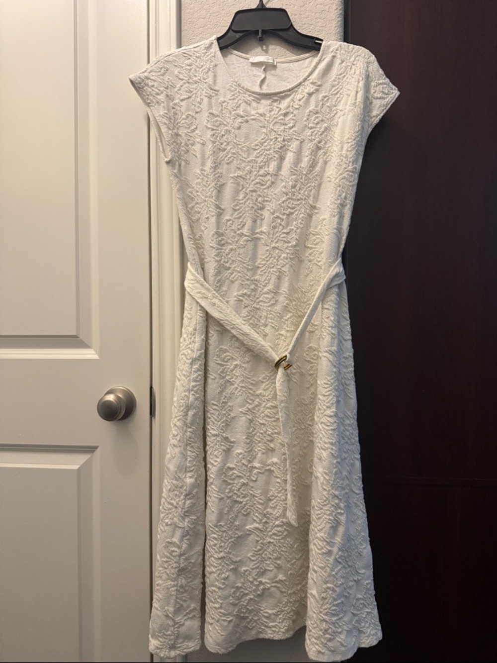 Zara White Textured Midi Dress with Tie Detail